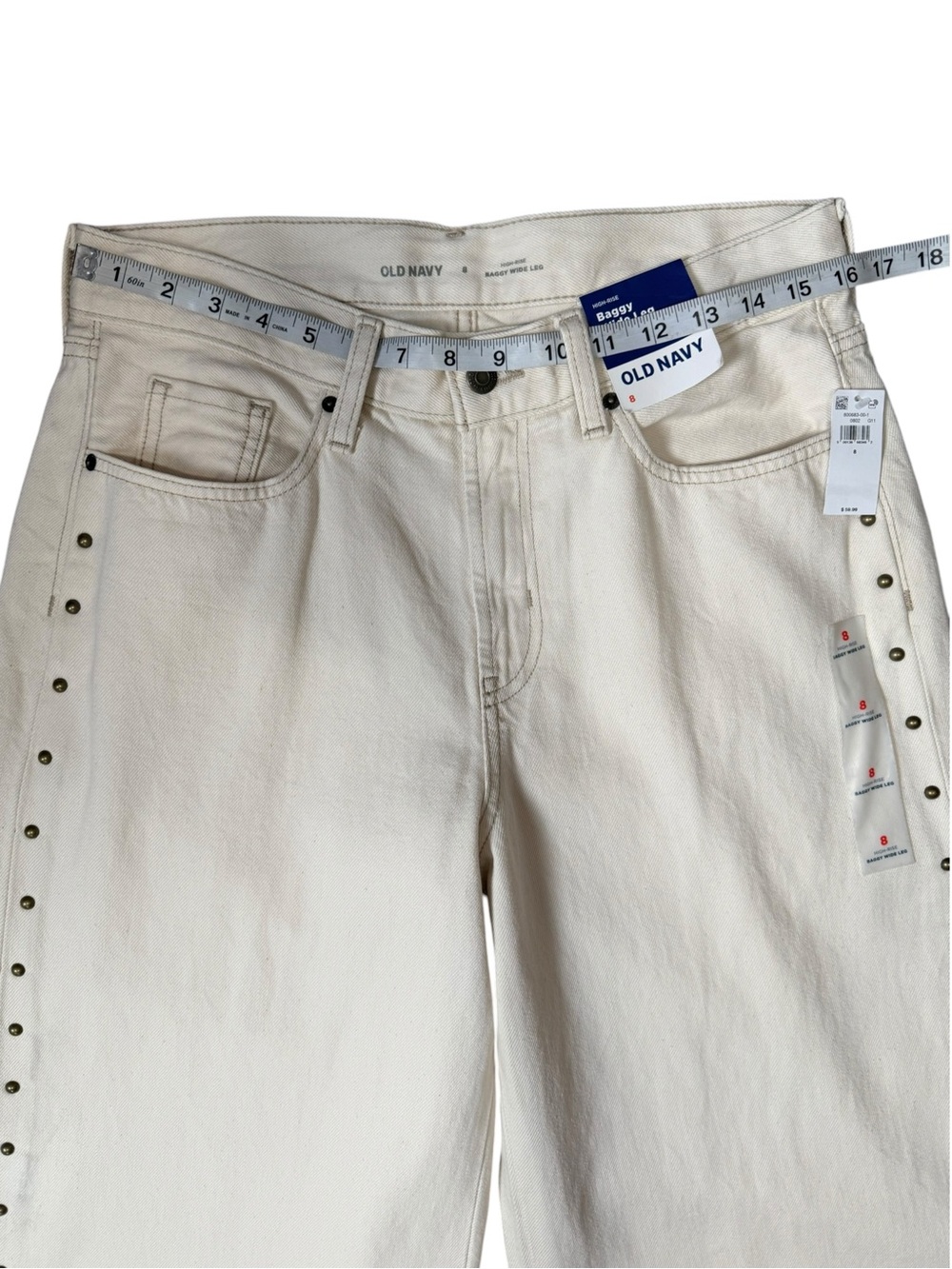 NWT Old Navy High Rise Baggy Wide Leg Studded Jeans Cream Size 8 - Picture 5 of 10
